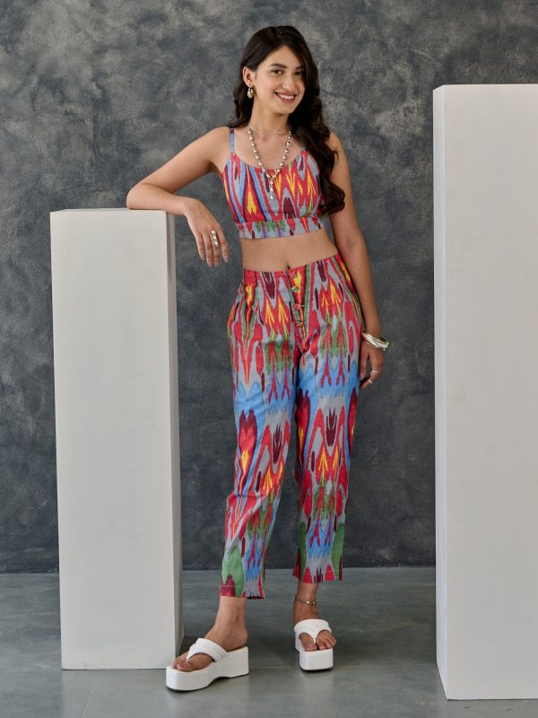 Joy Grey Ikat Print Cotton Kurta Pant Set With Bralette Online Hot Sale