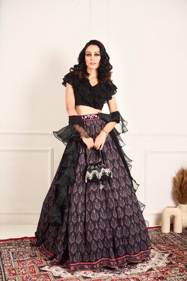 IMAARA black ruffled blouse and printed lehenga Online Sale