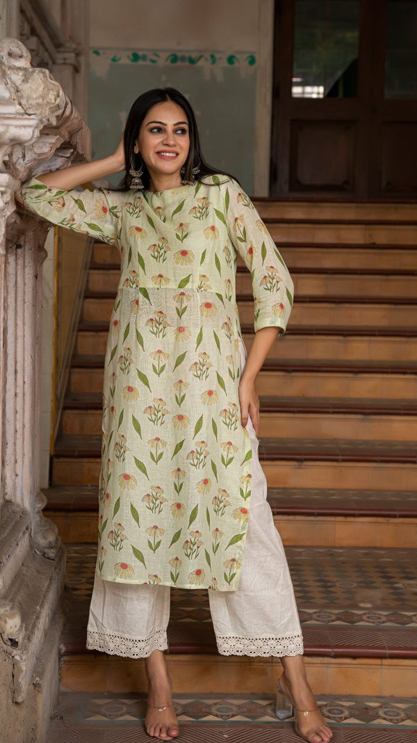 CHAVVI PASTEL GREEN PURE LINEN KURTA Online now