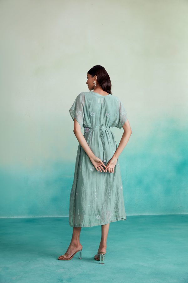 Aquarelle dress - Mint Kaftan Dress with hand embroidered Belt on Sale