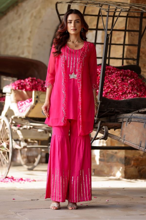 Hot Pink Lotus Embroidered Sharara with Jacket - Set of 3 Discount