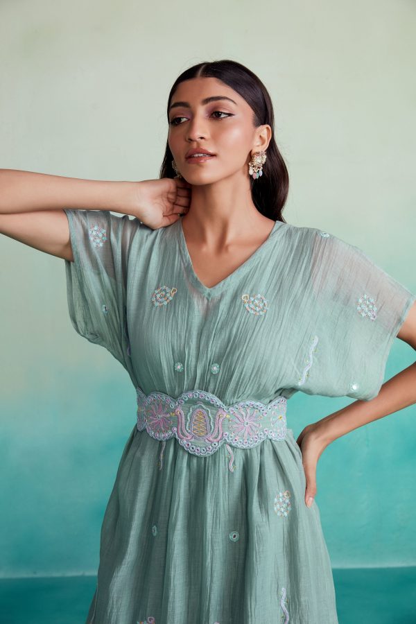 Aquarelle dress - Mint Kaftan Dress with hand embroidered Belt on Sale