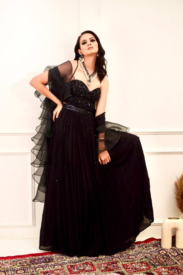 EVAA Black Corset and gathered lehenga Fashion