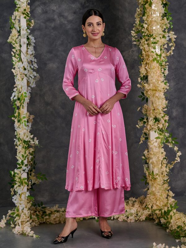 Pink Bandhani A-Line Modal Satin Kurta- Flared Pant Set with Dupatta (Set Of 3) Hot on Sale