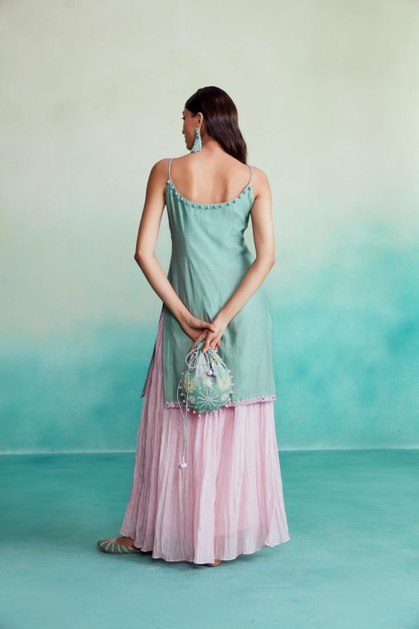 Celestial kurta sharara set - Mint Hand Embroidered Kurta with Orchid Pink gathered Skirt on Sale