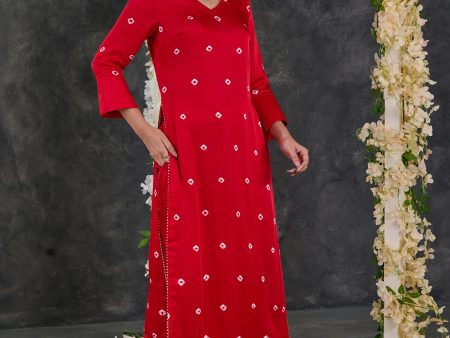 Red Bandhani High Slit Modal Satin Kurta - Pant Set on Sale