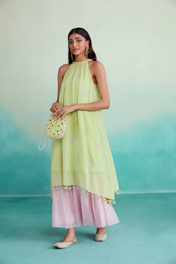 Limeade kurta skirt set - Lime & Orchid Pink Hand embroidered Kurta Skirt set on Sale