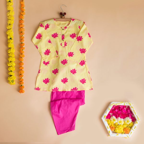 Lotus Blooms Ethnic Kurta Payjama for girls - Yellow Sale