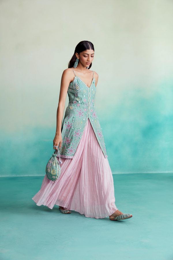 Celestial kurta sharara set - Mint Hand Embroidered Kurta with Orchid Pink gathered Skirt on Sale