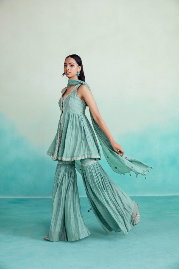 aquamarine kurta sharara set - Mint Hand embroidered gathered Kurta Sharara & Dupatta set Sale