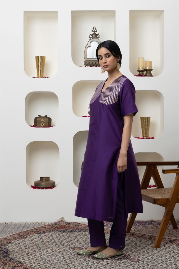 PURPLE CHANDERI GOTA WORK KURTA SET Discount