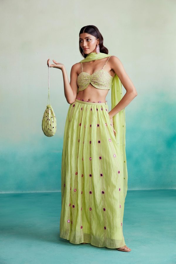 Citrus skirt top set - Lime Hand embroidered Skirt Top & Dupatta set For Sale