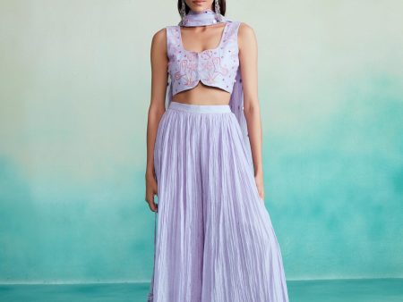 Luminova crop-top & sharara set - Lavender Hand embroidered Crop-top and Sharara set For Sale