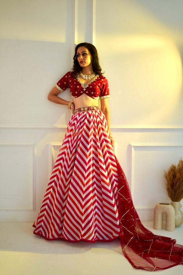 MYRAH Pink Chevron Lehenga Online now