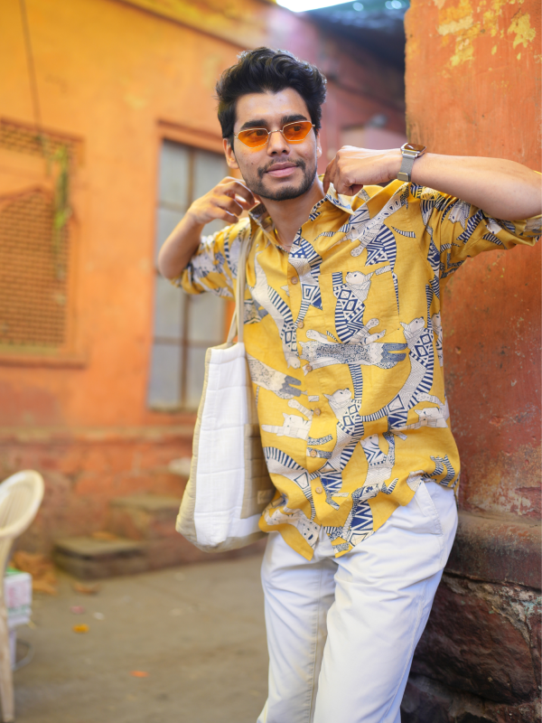 Meow Yellow Cotton Men Shirt Online