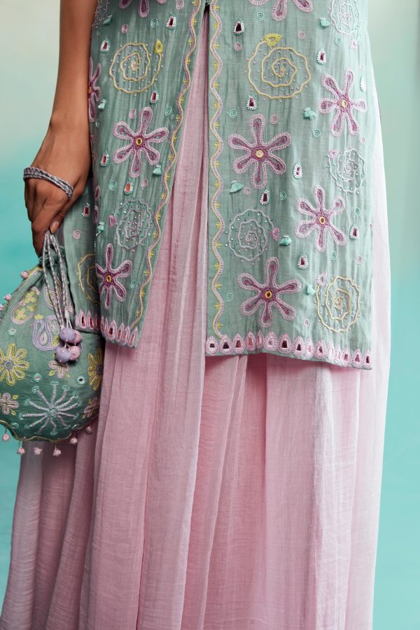 Celestial kurta sharara set - Mint Hand Embroidered Kurta with Orchid Pink gathered Skirt on Sale