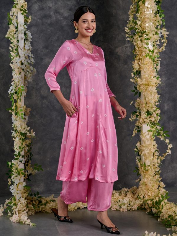 Pink Bandhani A-Line Modal Satin Kurta- Flared Pant Set Discount