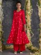 Red Bandhani A-Line Modal Satin Kurta- Flared Pant Set For Sale