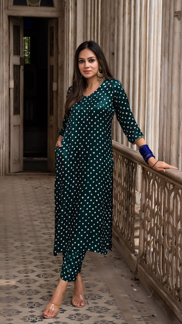 BANDHANI KURTA SET IN SILK - DARK GREEN Online Hot Sale