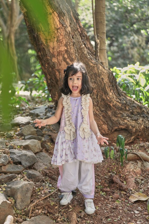 Off-white, pink, lavender animal print A-line kurta with frills & salwar set Online Sale