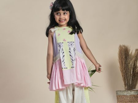 Yellow, lavender and pink A-line kurta with frills and salwar set Sale