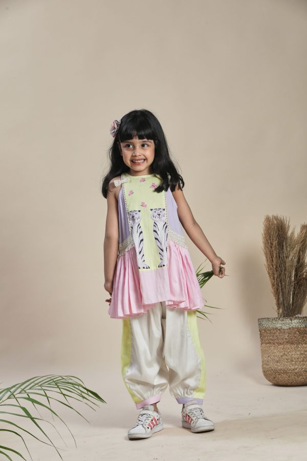 Yellow, lavender and pink A-line kurta with frills and salwar set Sale