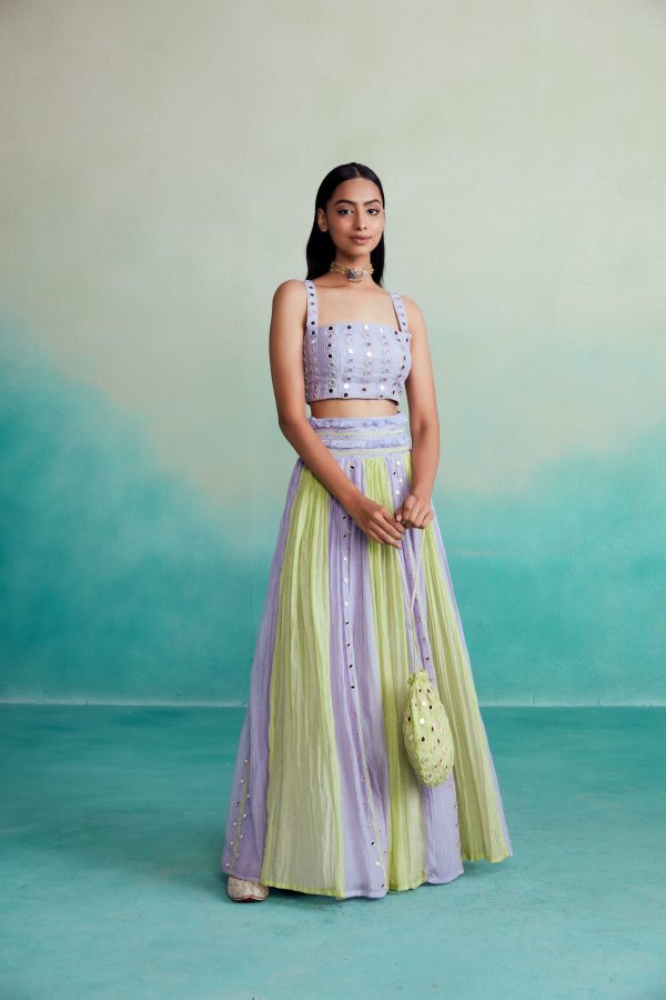 Amaya skirt top set - Lime & Lavender Hand embroidered pleated Skirt Top set Online Hot Sale