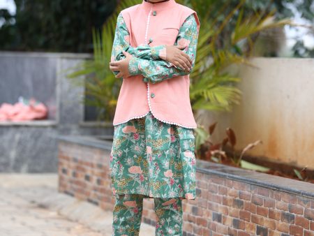 BOYS MINTY GREEN FLORAL KURTA SET WITH NEHRU JACKET Discount