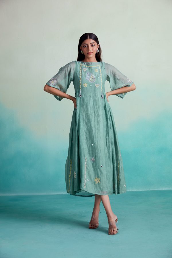 Enchantmint dress - Mint Hand embroidered gathered Dress Hot on Sale