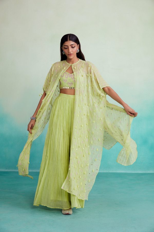 Citra jacket set - Lime Hand embroidered Jacket Crop top & Sharara set For Sale