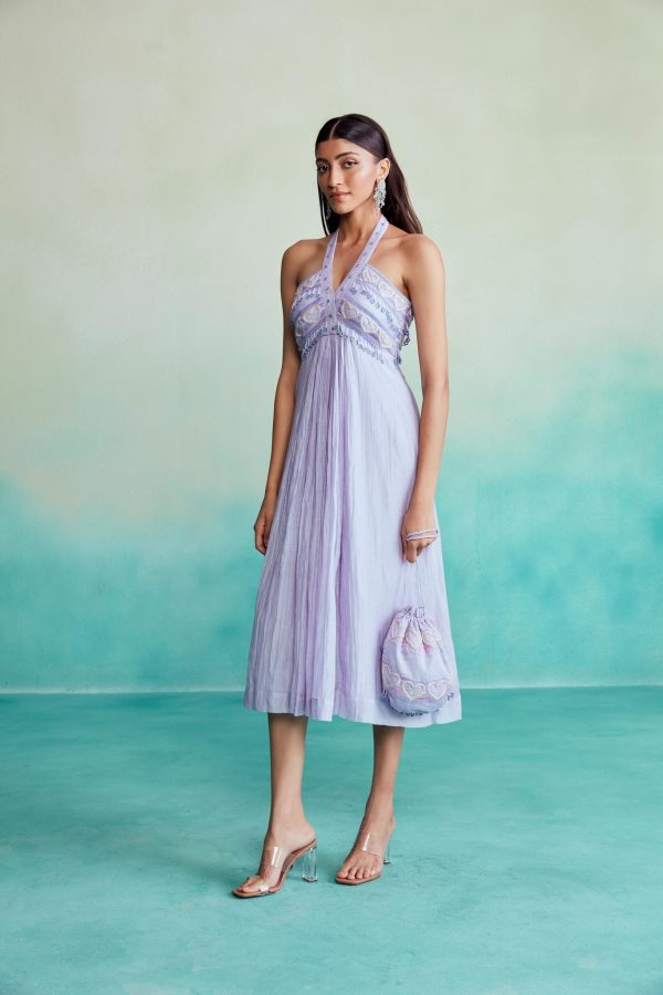 Ultraviolet dress - Digital Lavender Heart Hand embroidered Halter neck Dress Online now